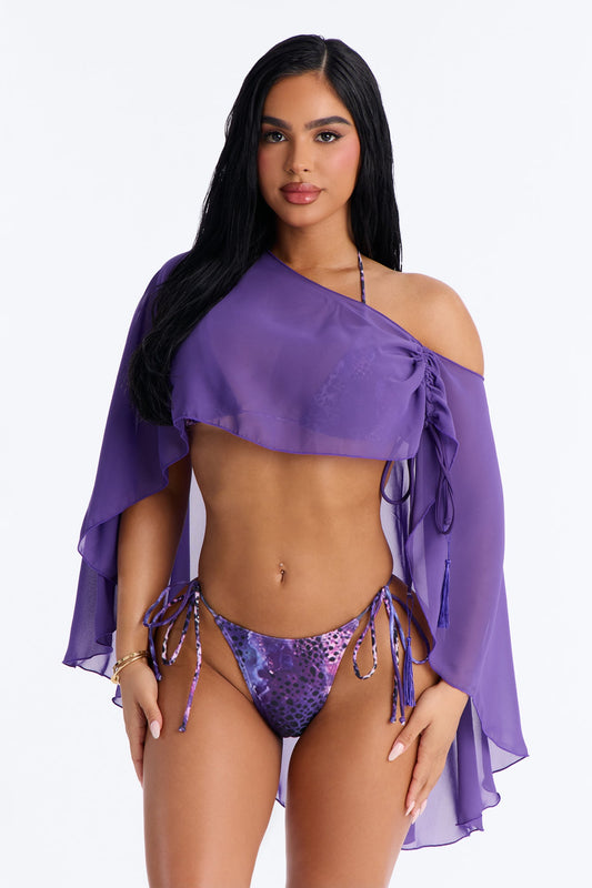 Havana Honey Mesh 3 Piece Bikini Poncho Set - Purple
