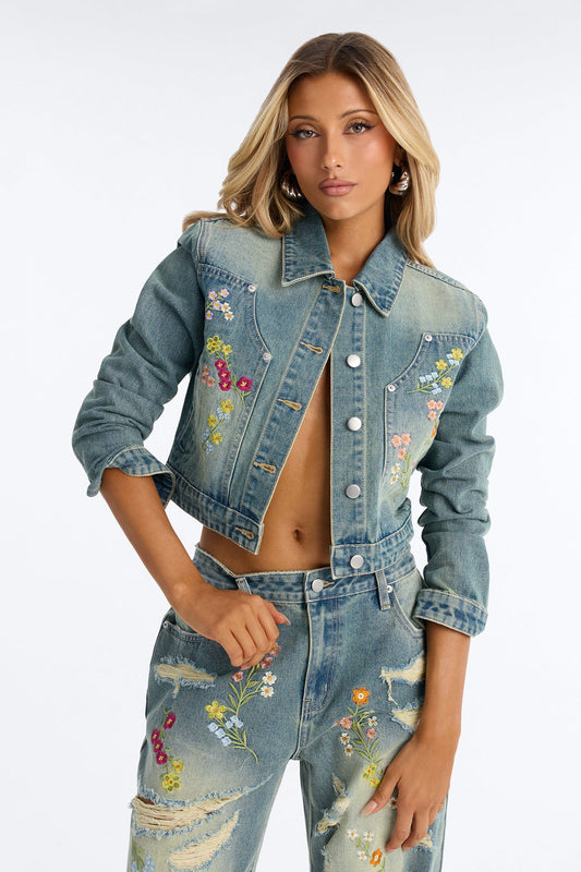 Enchanted Garden Embroidered Denim Jacket - Vintage Wash