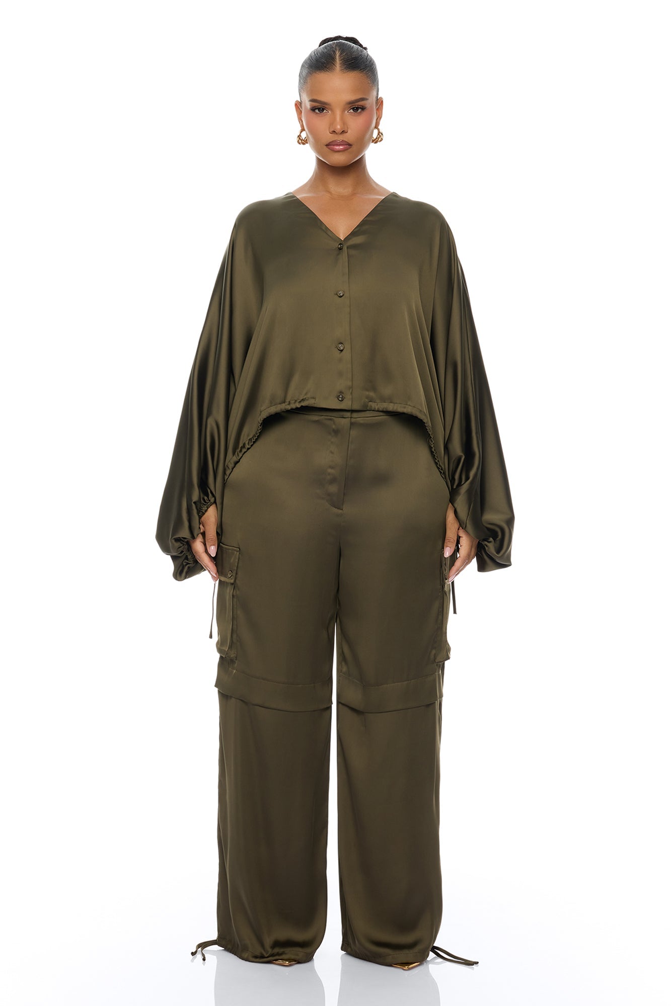 Priya Cargo Satin Pant Set - Olive