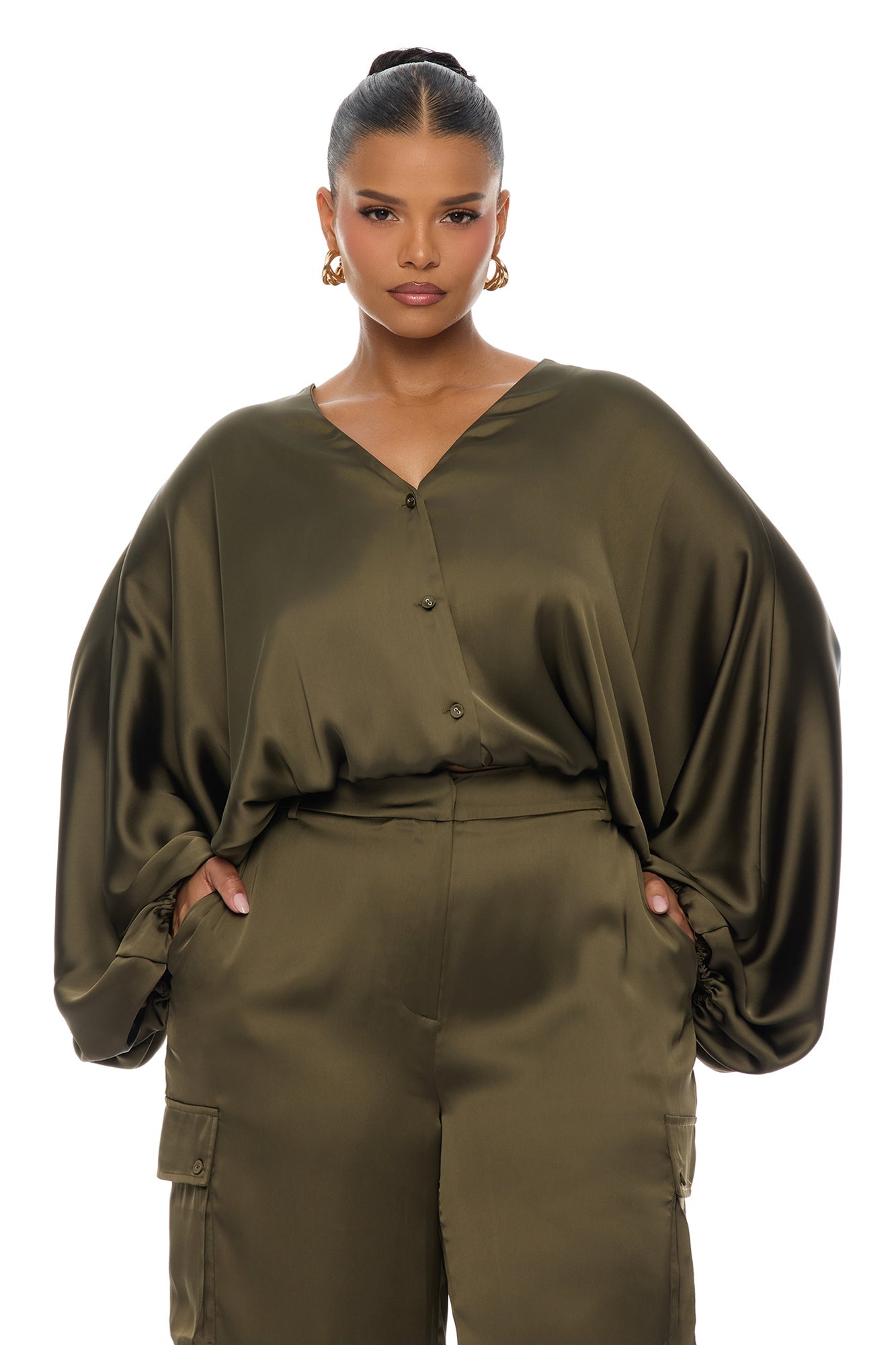 Priya Cargo Satin Pant Set - Olive