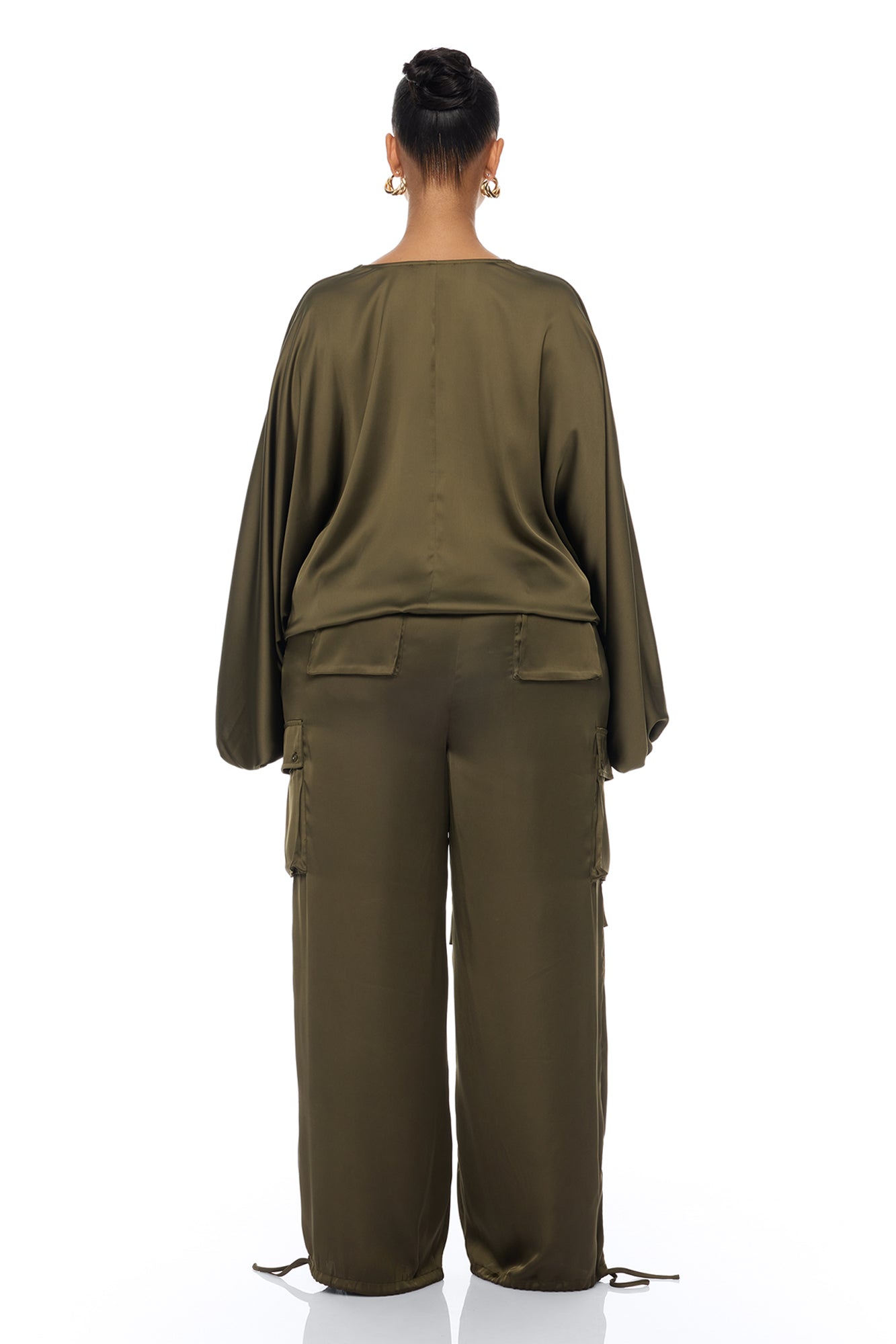 Priya Cargo Satin Pant Set - Olive