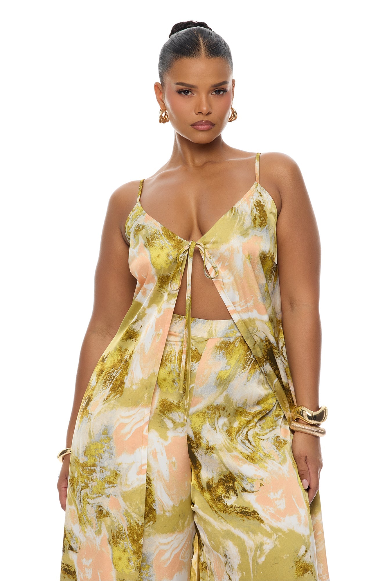 Off To The Tropics Satin Pant Set - Green/combo