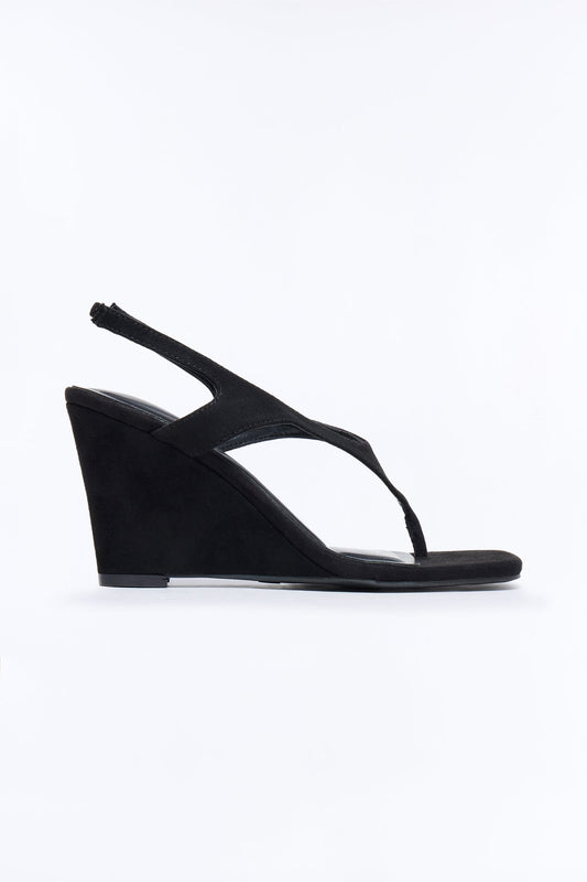 Cabley Suede Slingback Thong Wedges - Black Fashion Nova