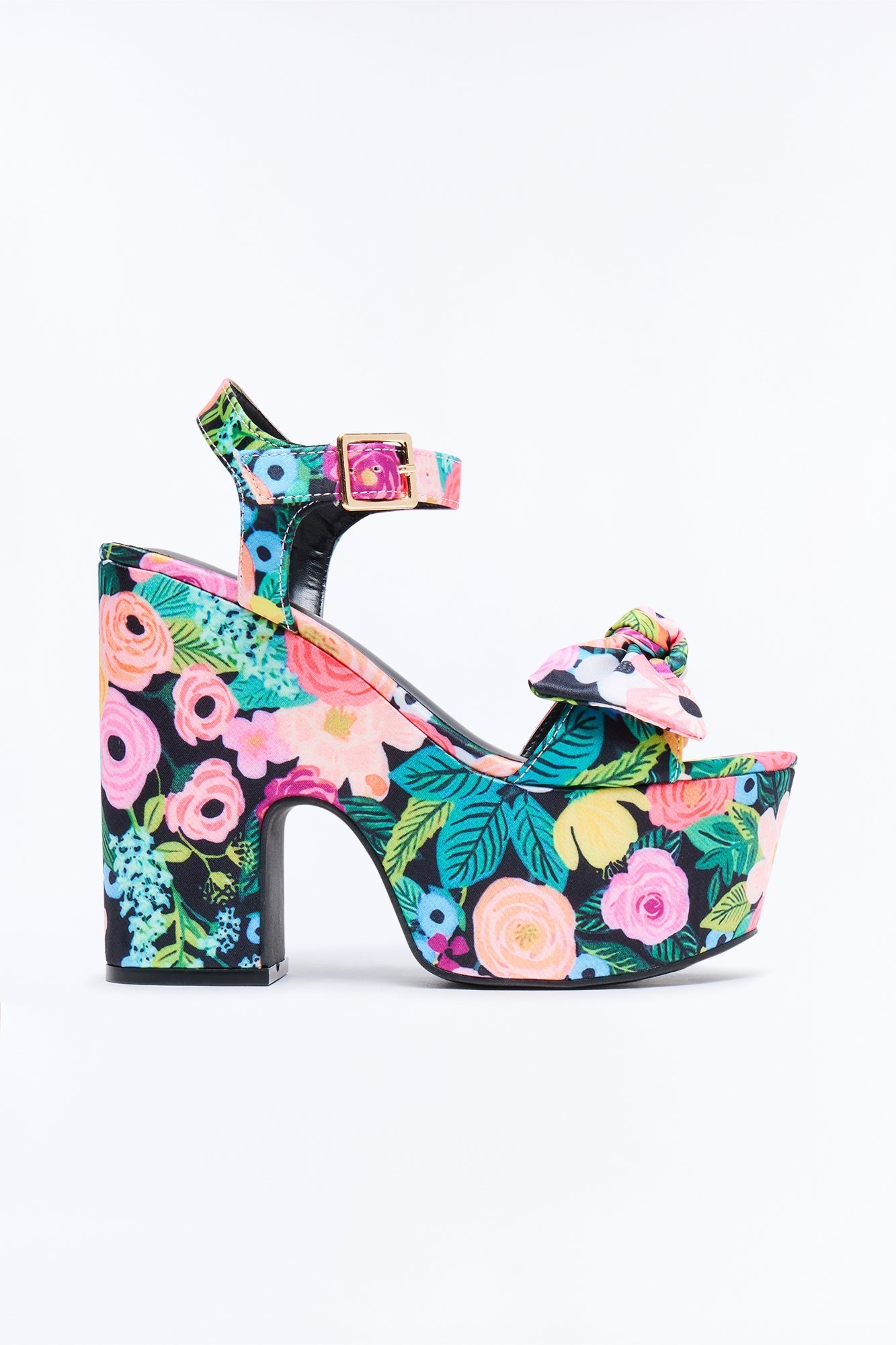 Clara Floral Print Satin Platform Heels - Black/Pink Fashion Nova