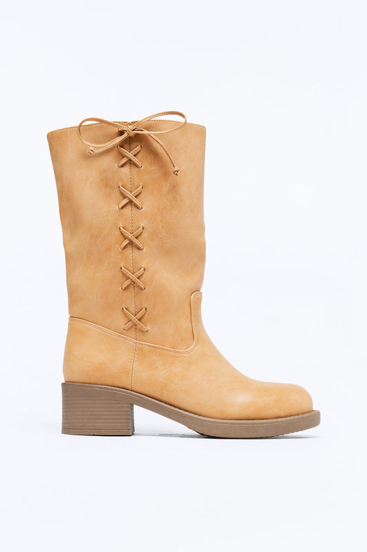 Springy Lace Up Bow Boots - Tan Fashion Nova