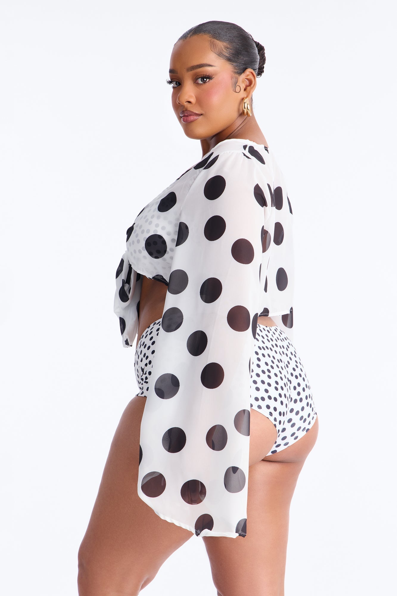 Warm Vacay Sheer Flare Sleeve Front Tie Boyshort 3 Piece Bikini Set - White/Black Fashion Nova