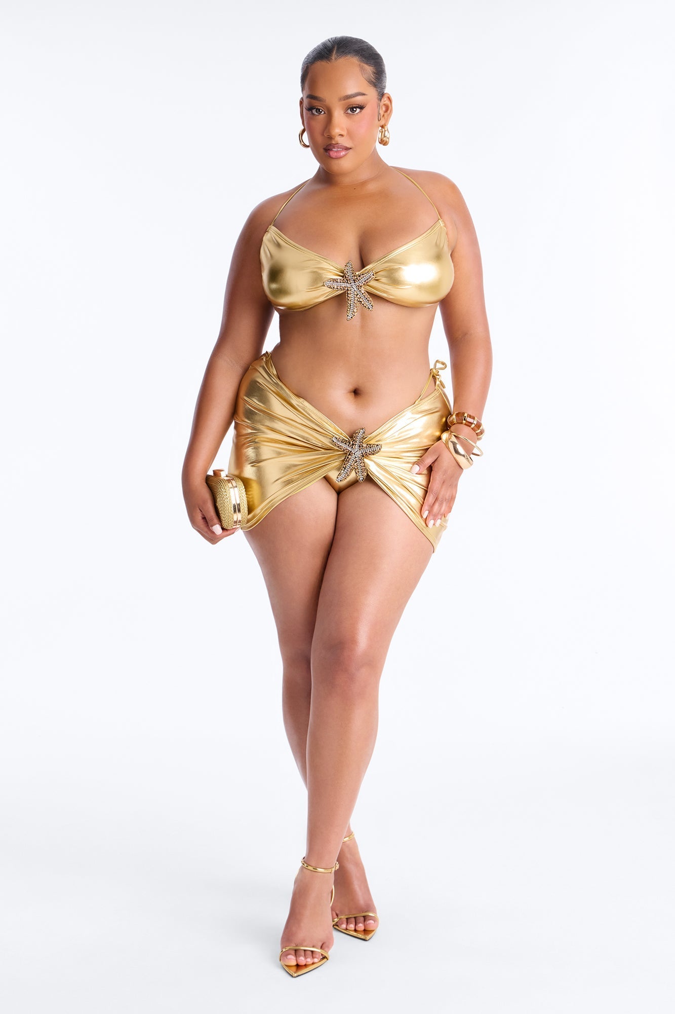 Gaia 3 Piece Metallic Bandeau Bikini & Skirt Set - Gold Fashion Nova