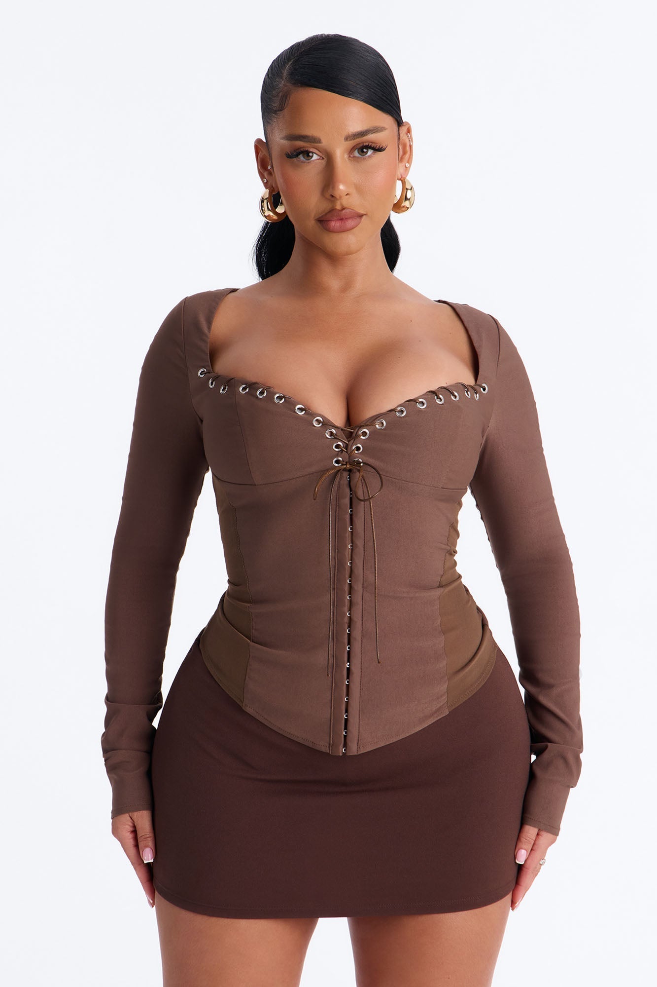 Janet Lace Up Corset Long Sleeve Top - Chocolate Fashion Nova