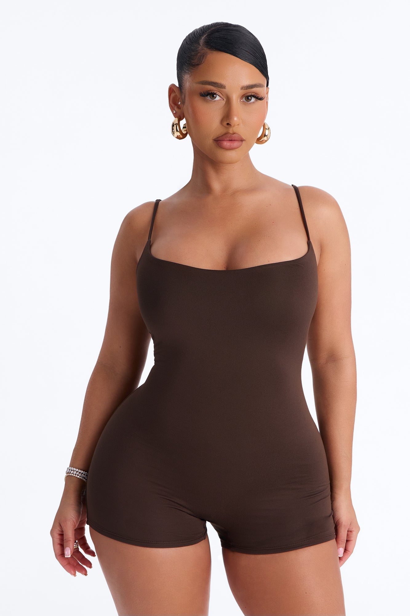 Full Form Double Layer Biker Short Romper - Chocolate