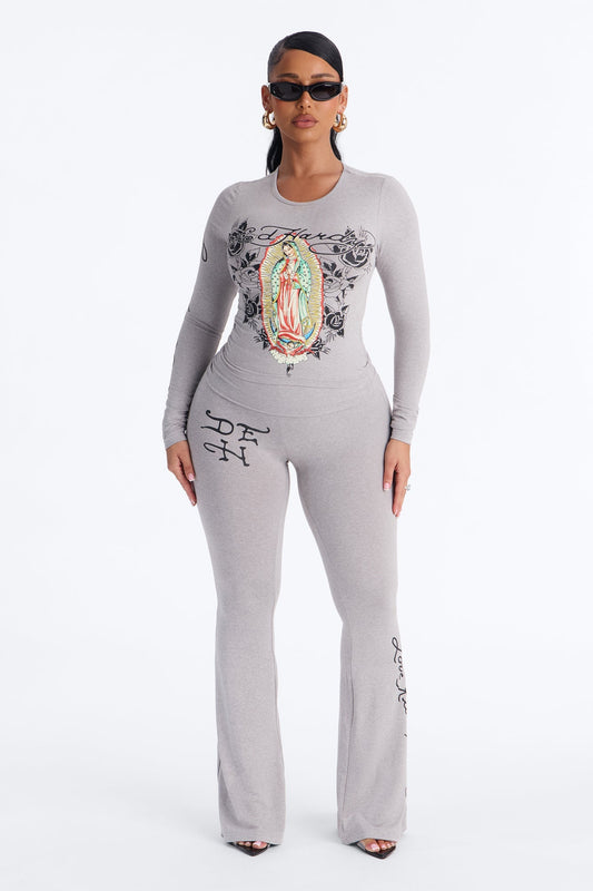 Ed Hardy Keep The Faith Flare PJ Pant Set - Heather Grey Fashion Nova