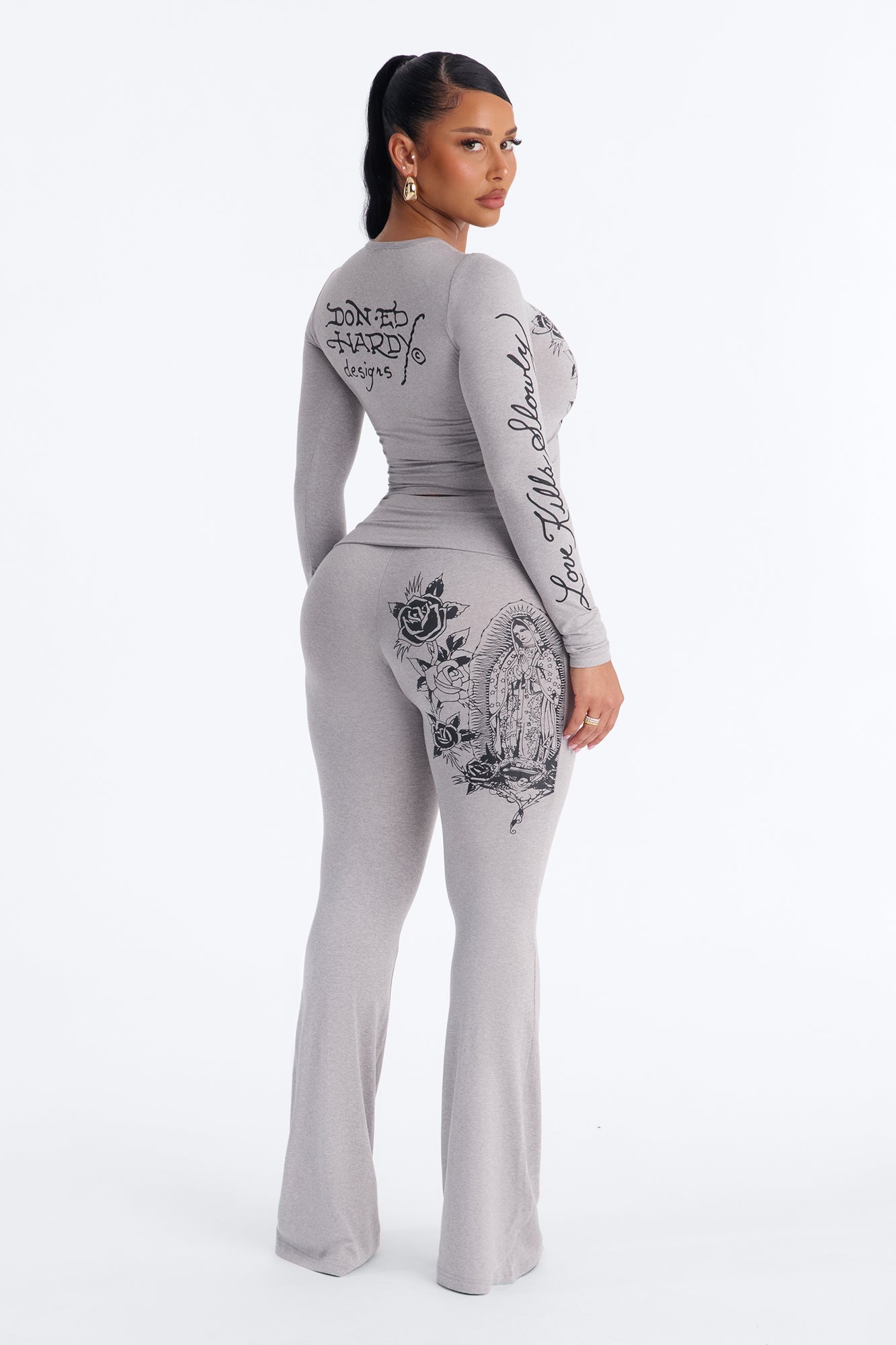 Ed Hardy Keep The Faith Flare PJ Pant Set - Heather Grey Fashion Nova