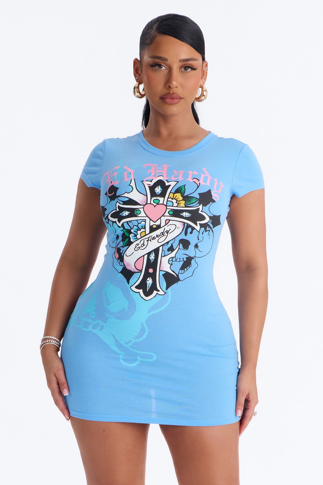 Ed Hardy Heart Cross TShirt Mini Dress - Blue Fashion Nova