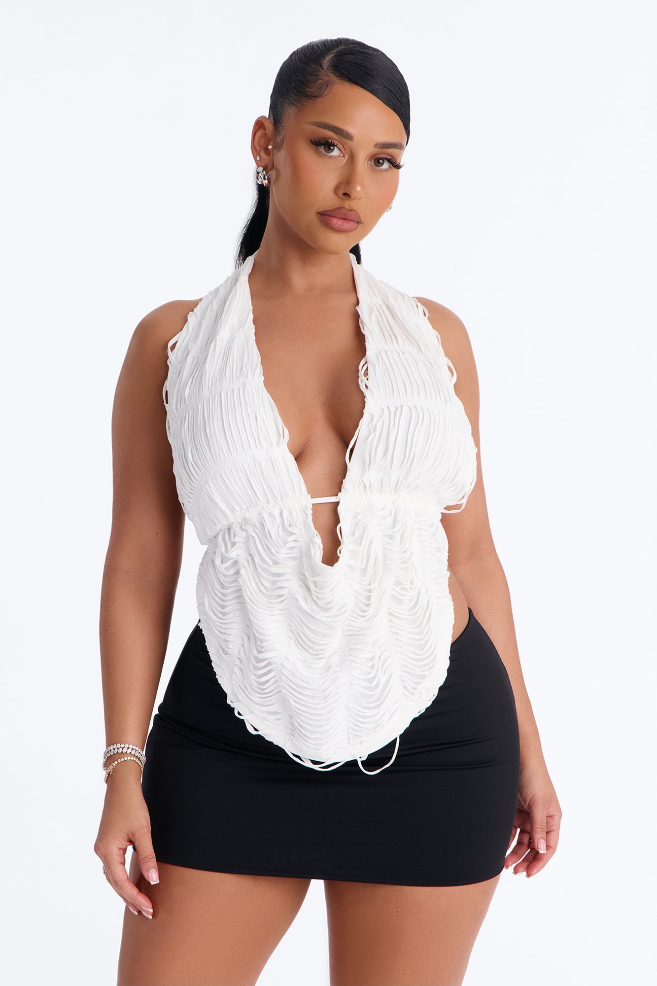 Playa Paradise Textured Deep Cowl Halter Top - White