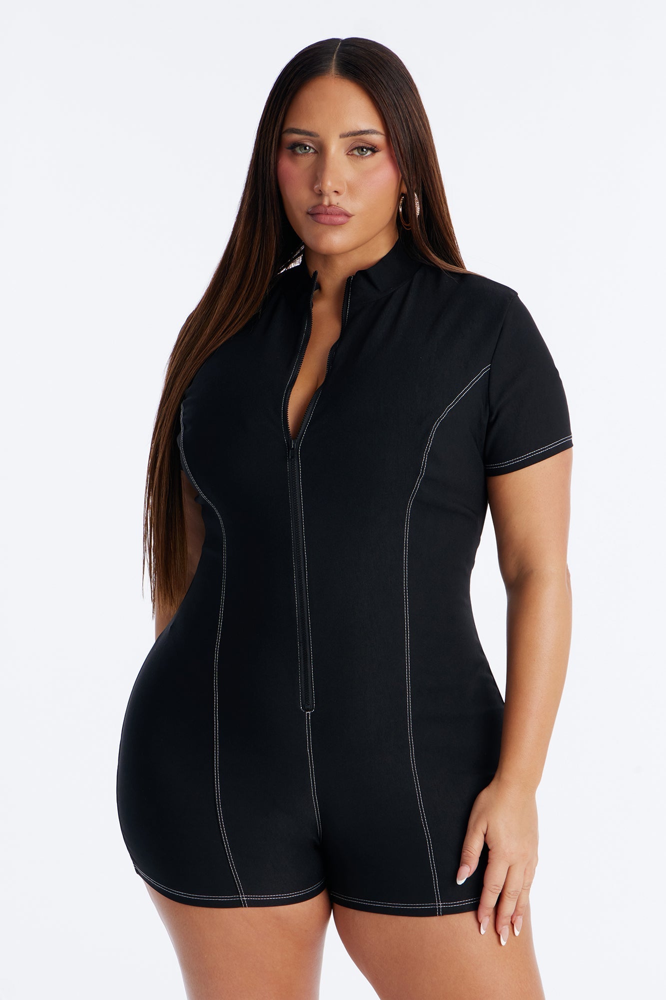 Brailey Zip Front Romper - Black Fashion Nova