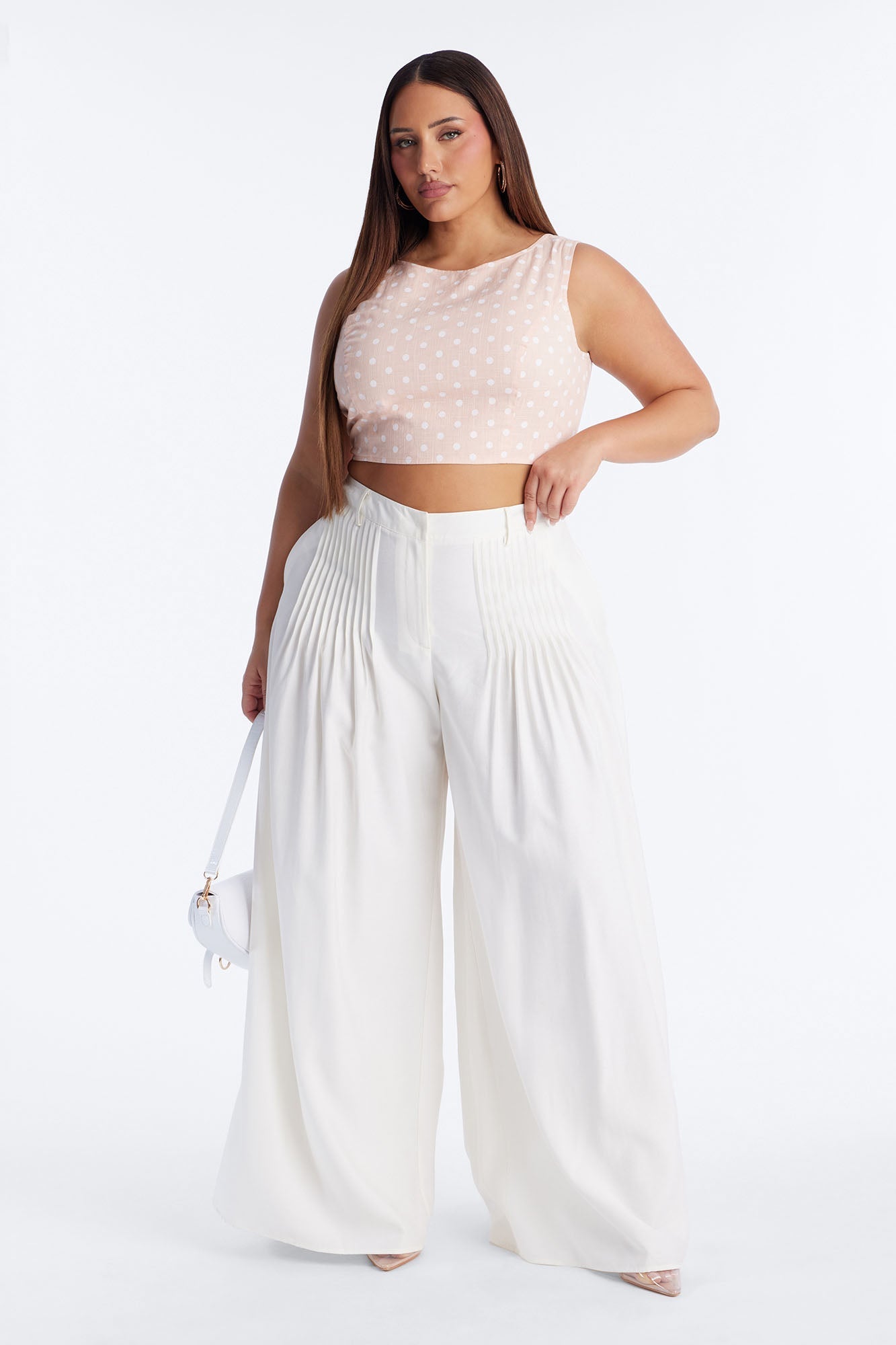 On The Cute Side Polka Dot Cropped Linen Top - Peach/combo Fashion Nova
