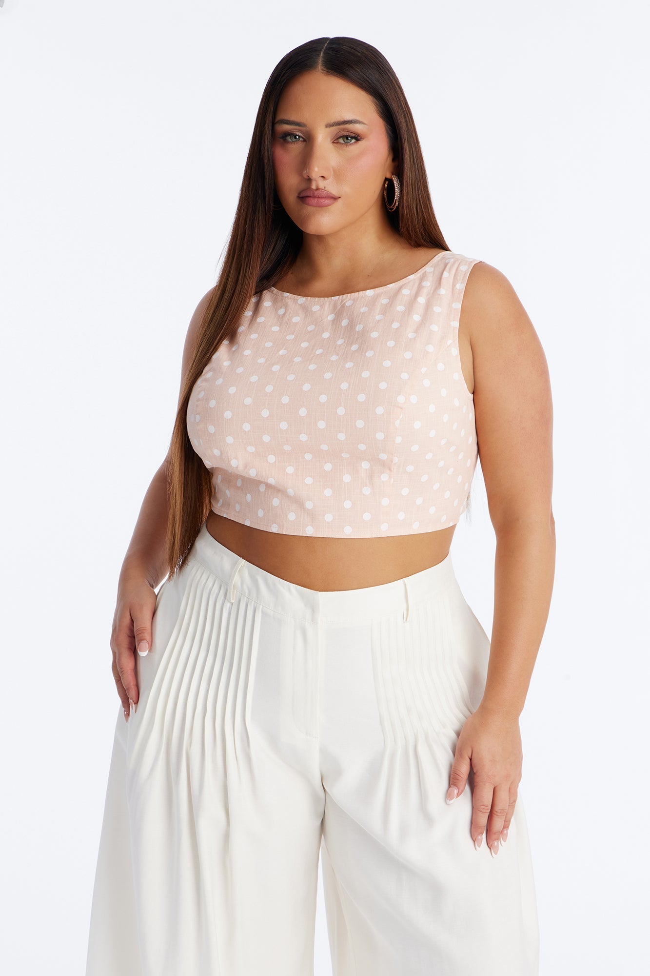 On The Cute Side Polka Dot Cropped Linen Top - Peach/combo Fashion Nova