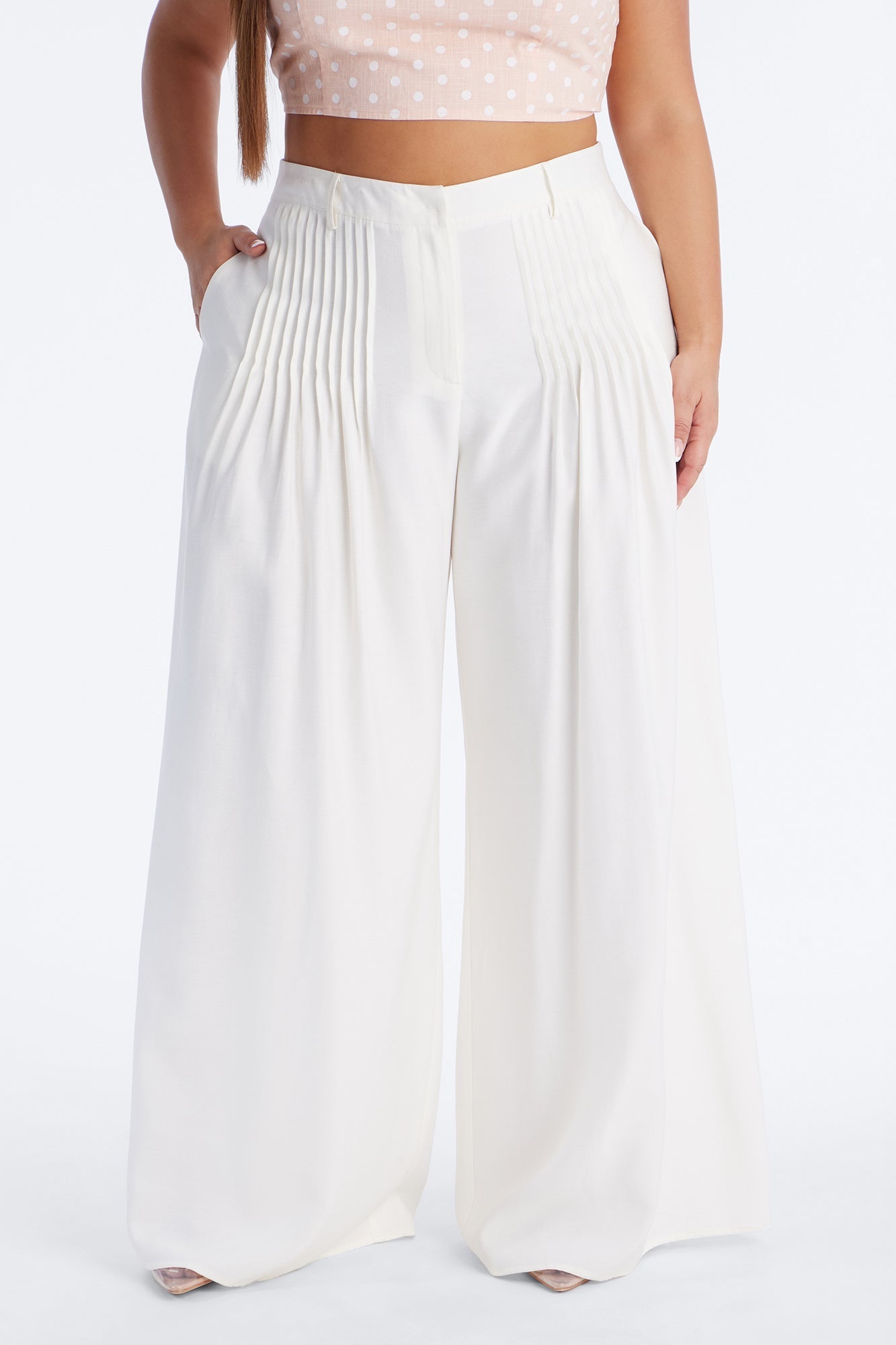 Settled In Pleated Wide Leg Pant 33″ - White Fashion Nova