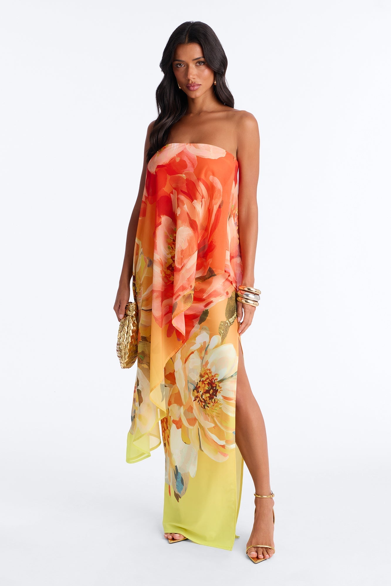 Amber Strapless Chiffon Maxi Dress - Orange/combo Fashion Nova