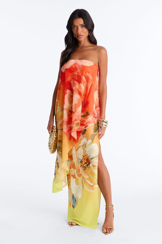 Amber Strapless Chiffon Maxi Dress - Orange/combo Fashion Nova