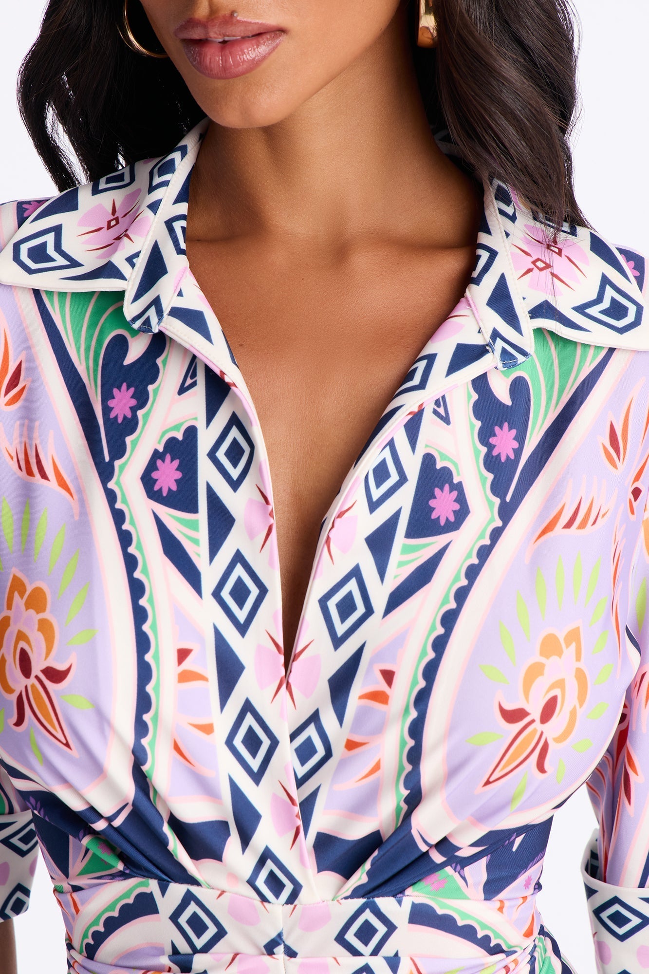 Delphine Ruched Printed Mini Dress - Purple/combo Fashion Nova