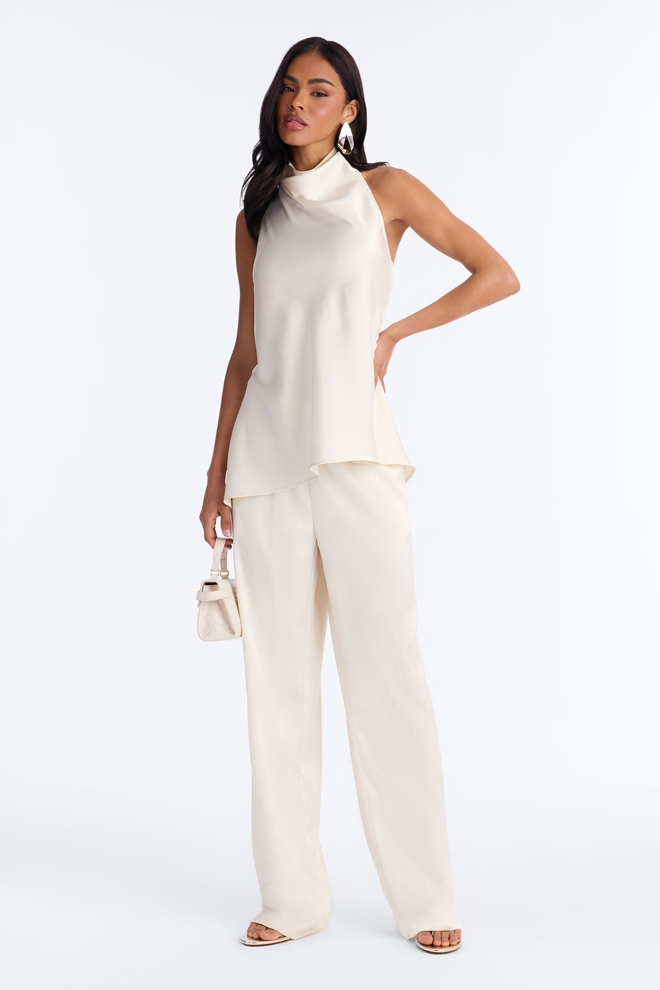 Teagan High Neck Satin Halter Top - Ivory
