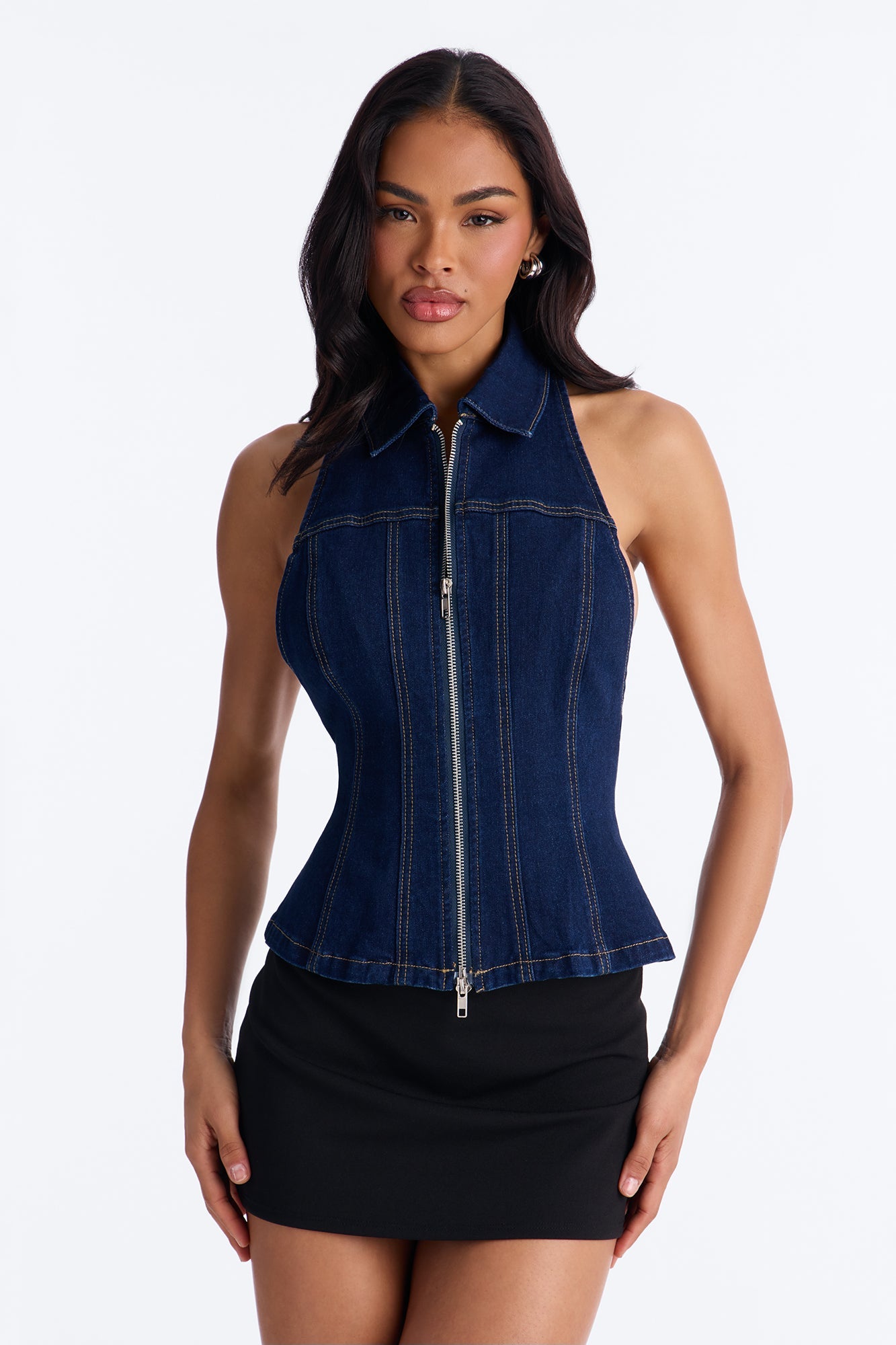 Street Smart Front Zip Denim Halter Top - Dark Wash