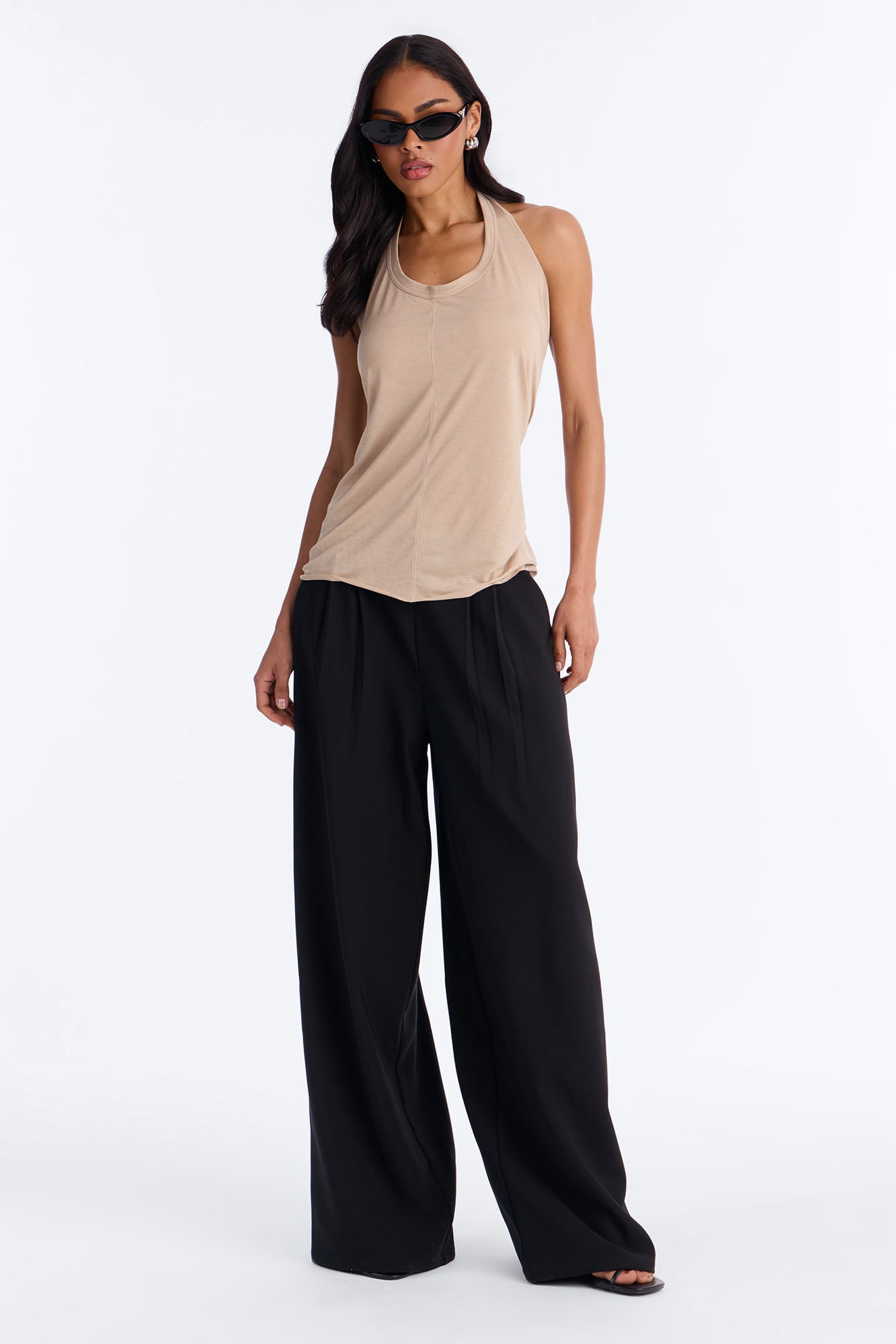 Cameron Sheer Scoop Neck Halter Top - Taupe