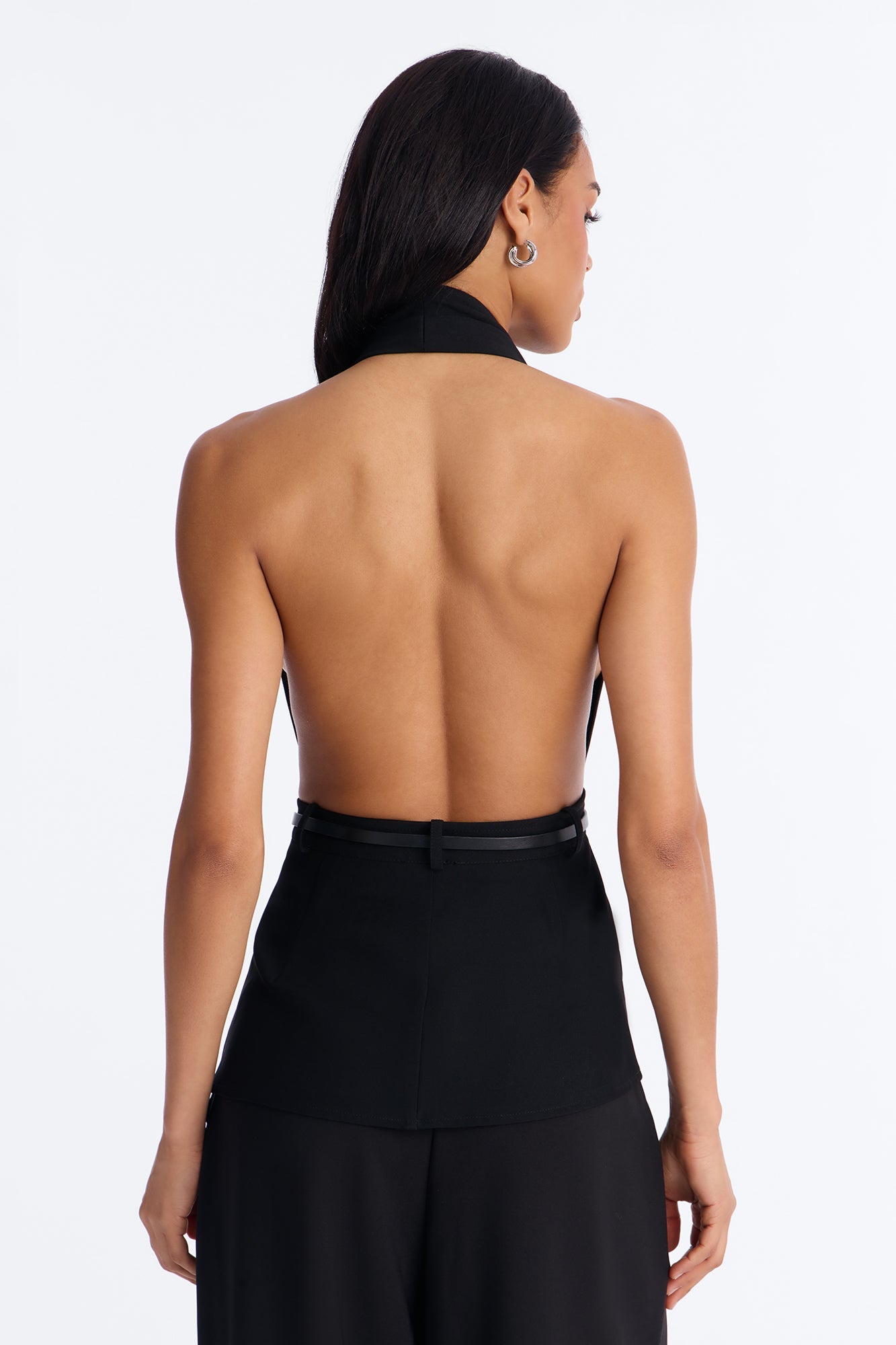 Minimal Talk Belted Twill Halter Top - Black
