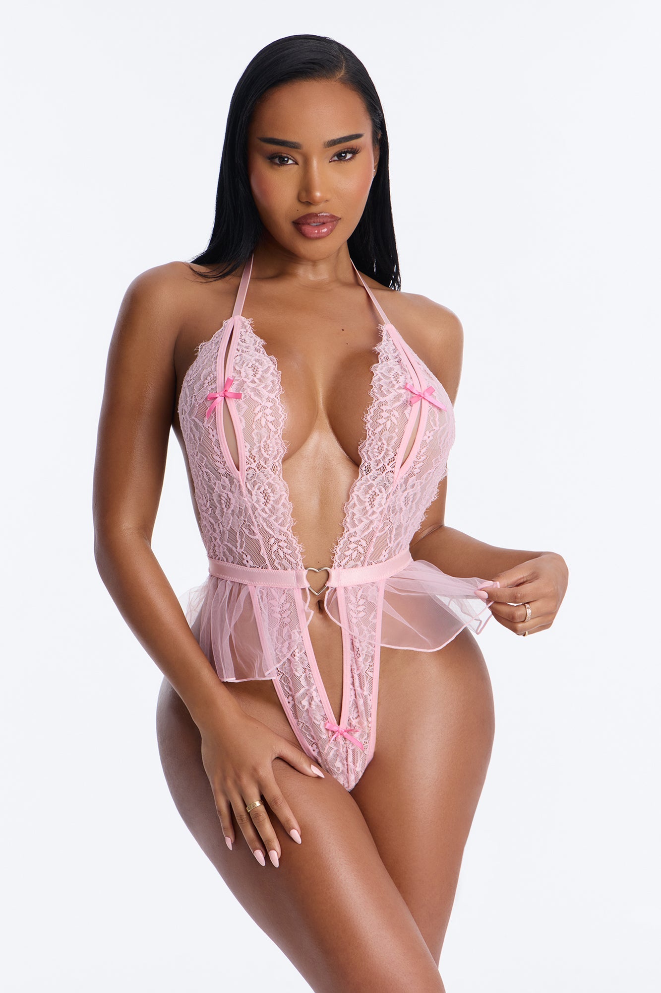 Luna Crotchless Lace Ruffle Hardware Teddy - Pink
