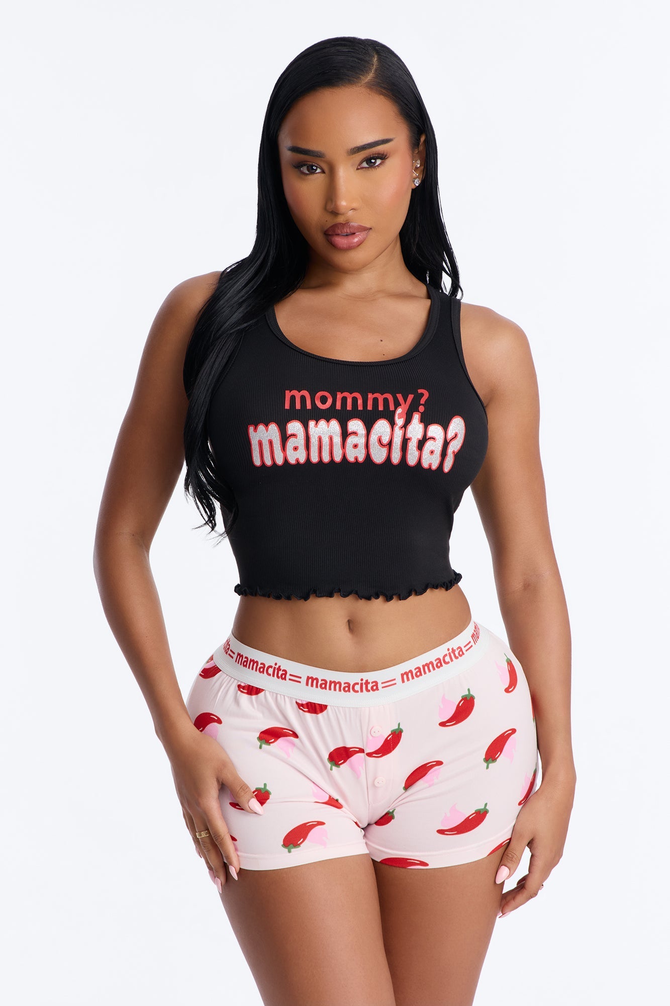Mamacita Top And Short PJ Set - Black/Pink