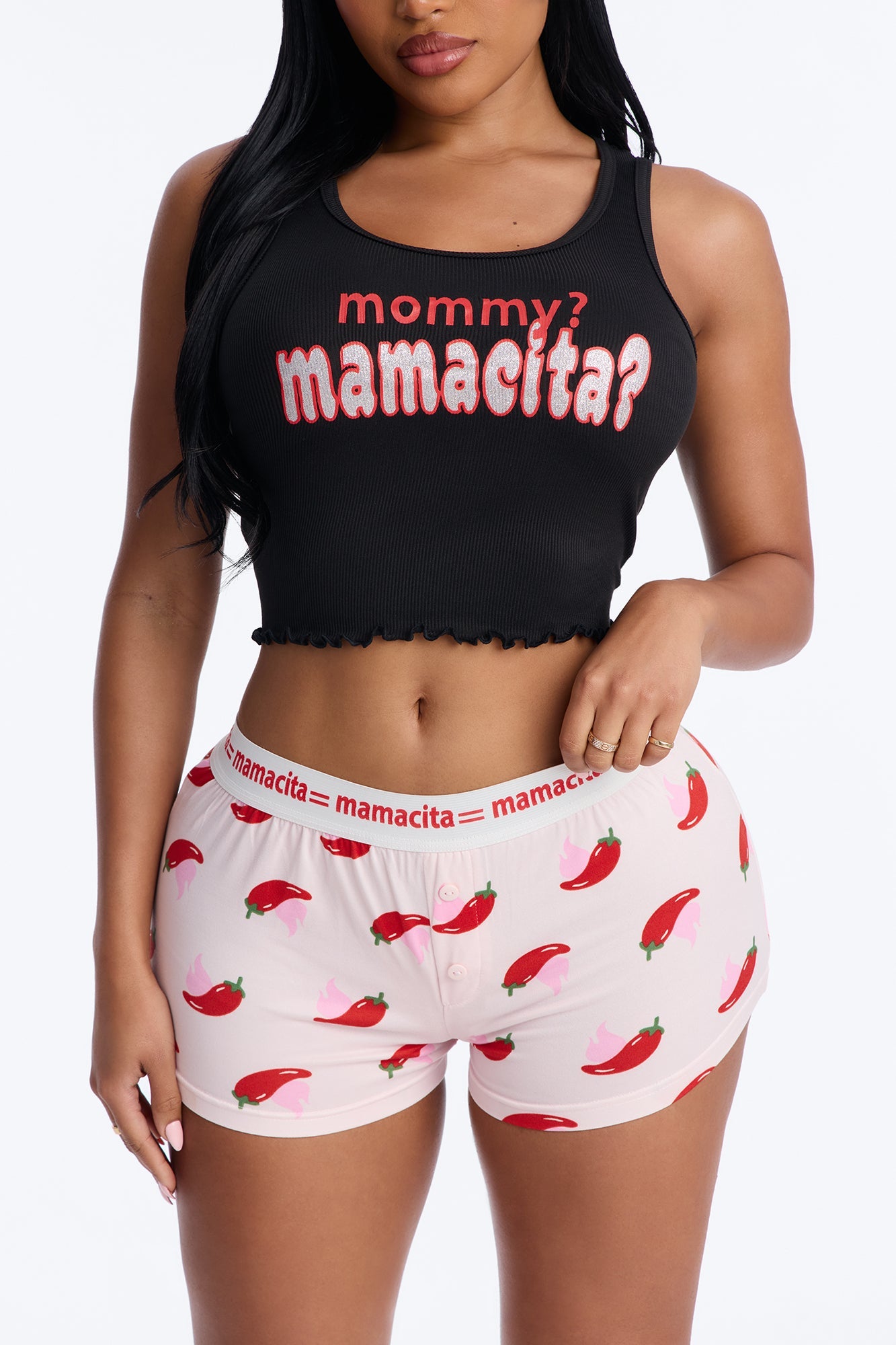 Mamacita Top And Short PJ Set - Black/Pink