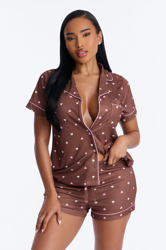Pieces Of My Heart PJ Short Set - Brown/combo