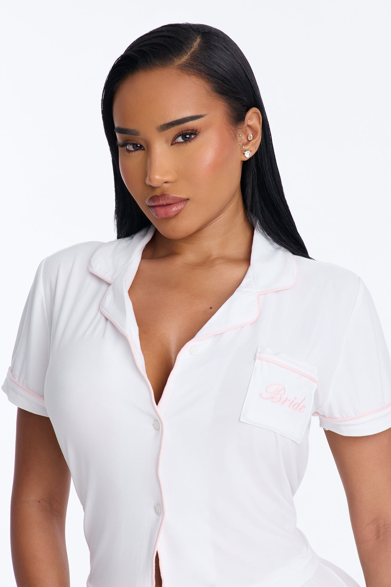 Bride Time Notch Collar PJ Pant Set - White/Pink