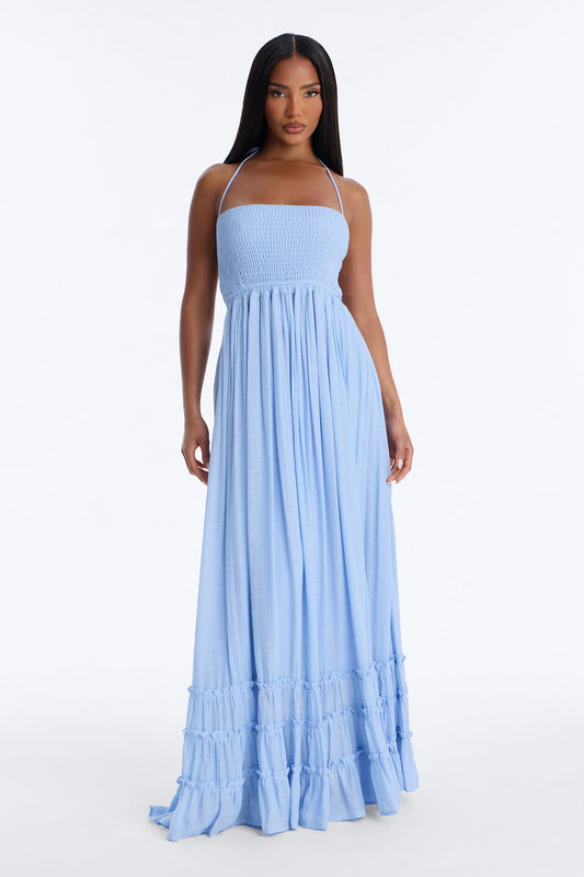 Eden Smocked Linen Maxi Dress - Light Blue