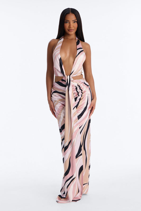 Untamed Abstract Satin Maxi Dress - Pink/combo
