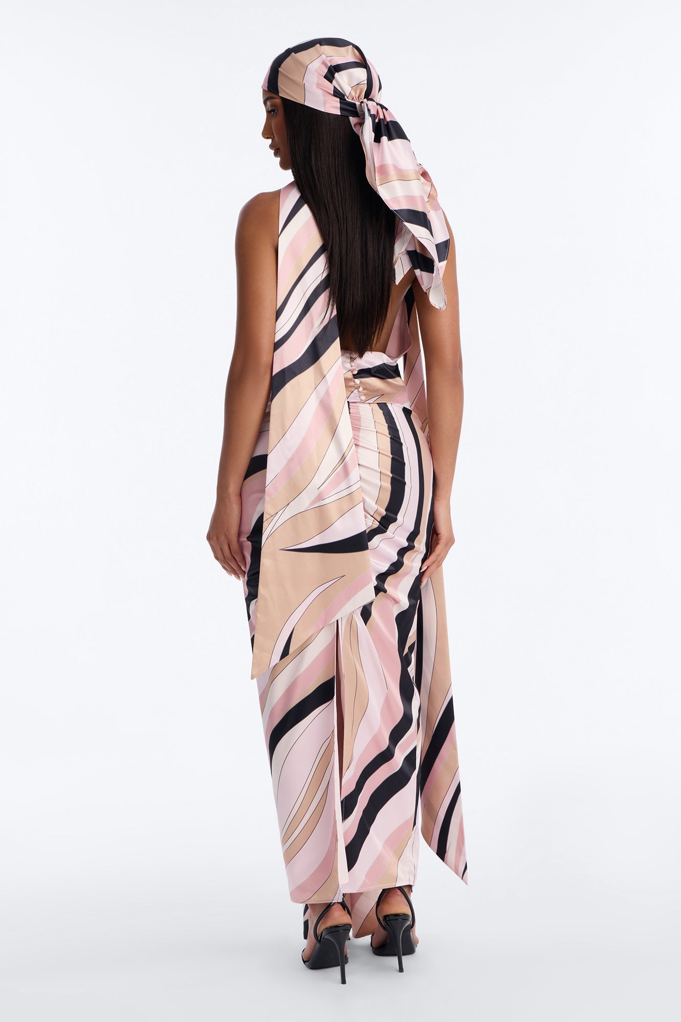 Untamed Abstract Satin Cowl Top And Head Scarf - Pink/combo