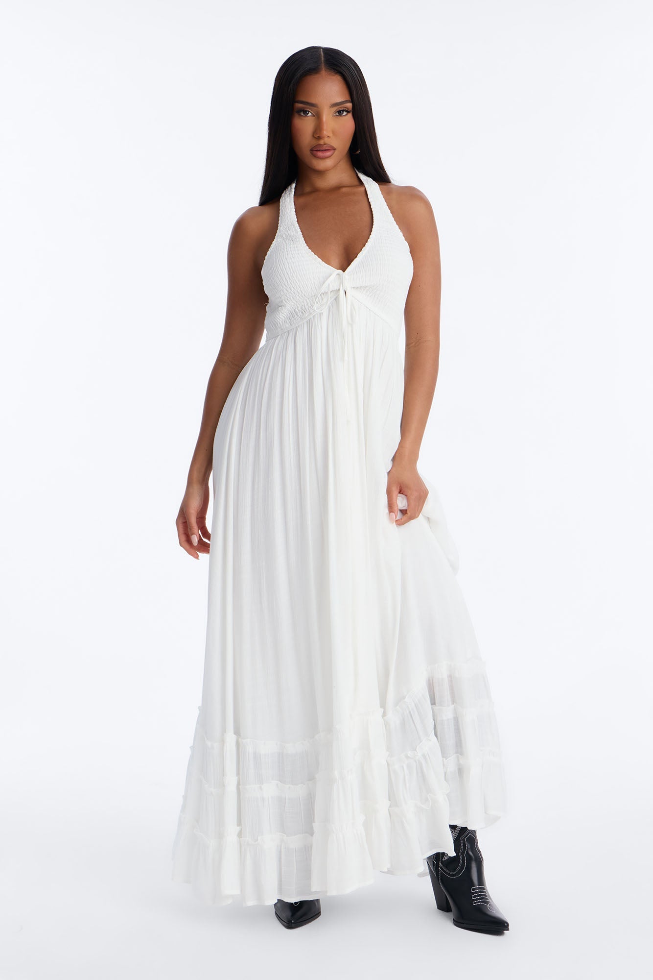 Freya Smocked Linen Maxi Dress - White