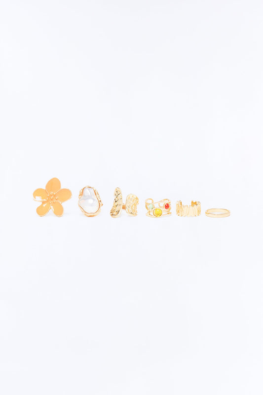Tropic Flower 6 Piece Multi Ring Set - Gold/Multi