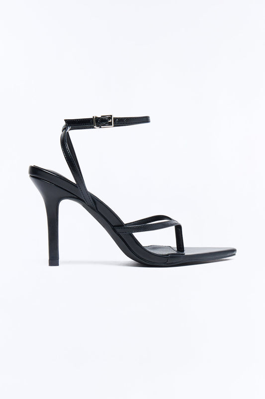 Strappy Ankle Wrap Thong Heels - Black