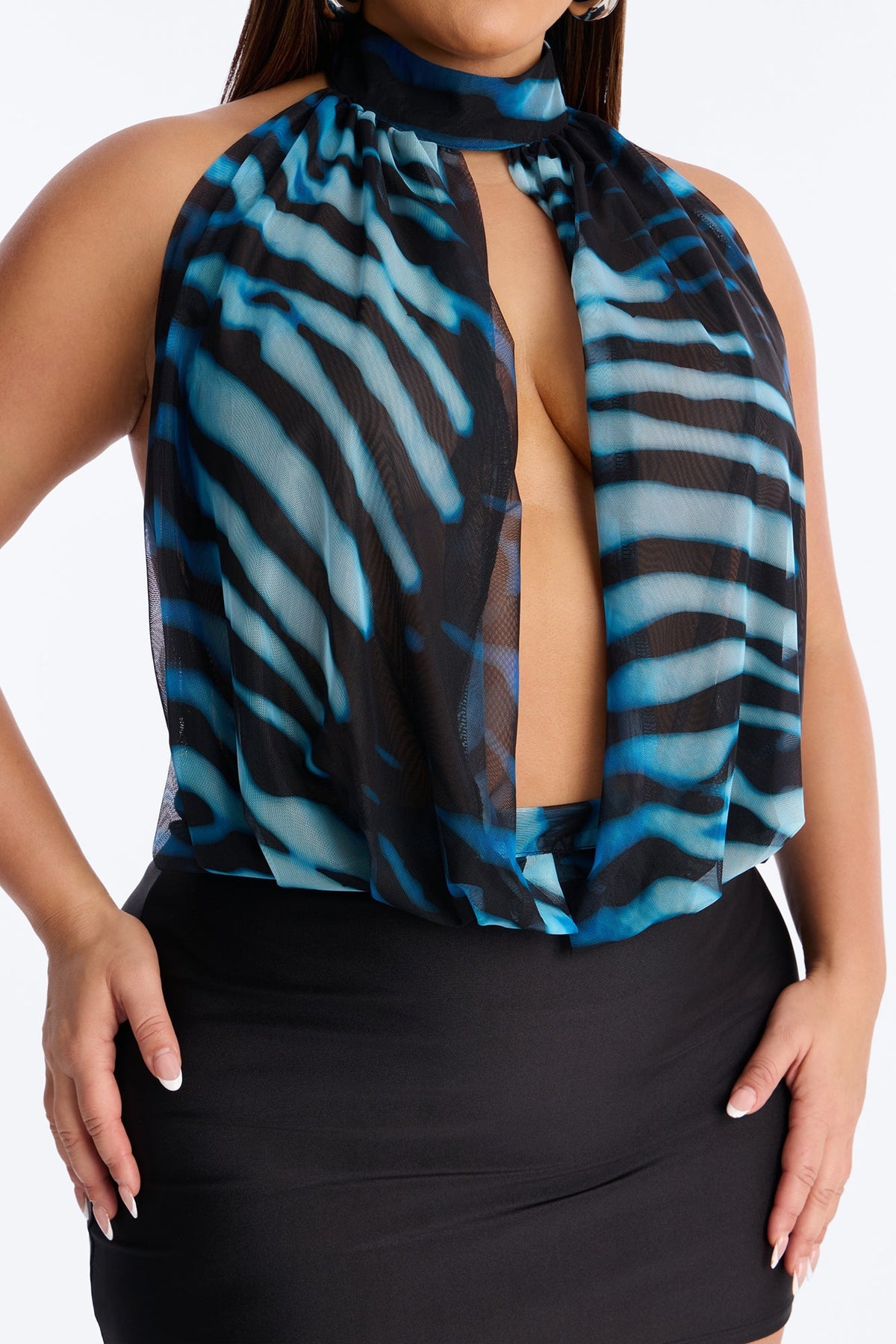 Blue Dream Mesh Cut Out Halter Top - Blue/combo Fashion Nova