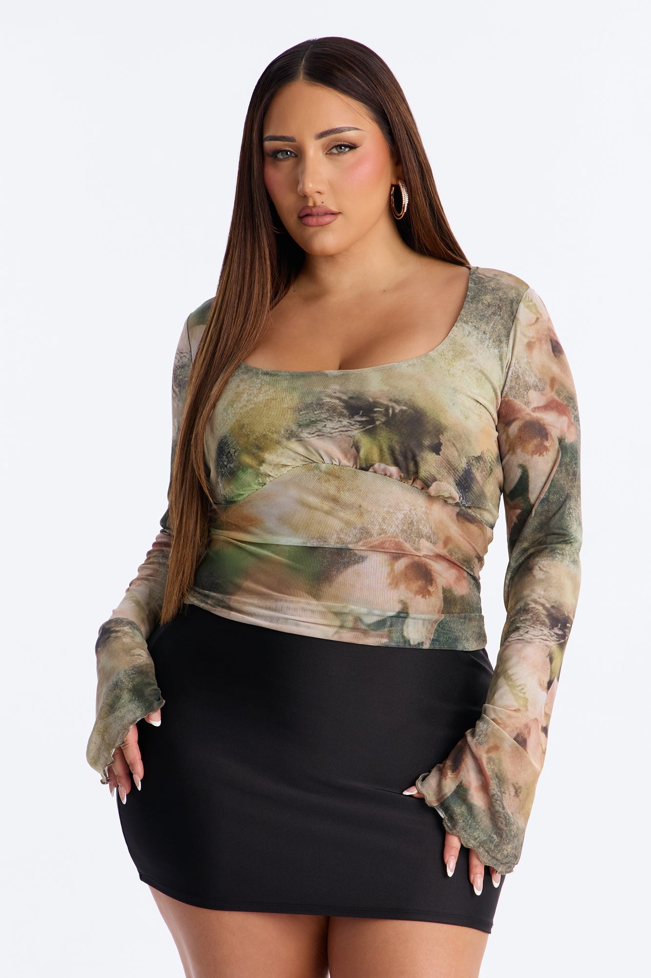 Garden Kiss Mesh Scoop Neck Long Sleeve Top - Green/combo Fashion Nova