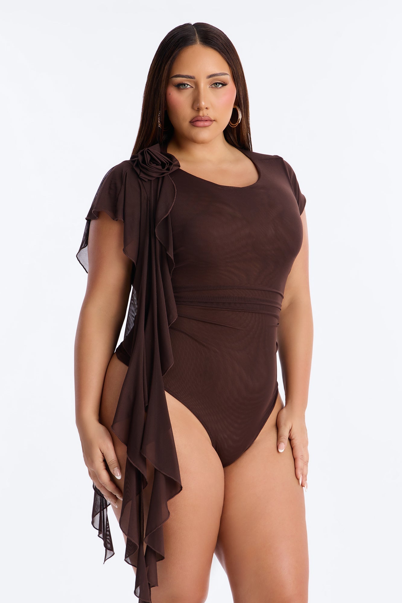 Haley Ruffle Mesh Cap Sleeve Bodysuit - Chocolate Fashion Nova