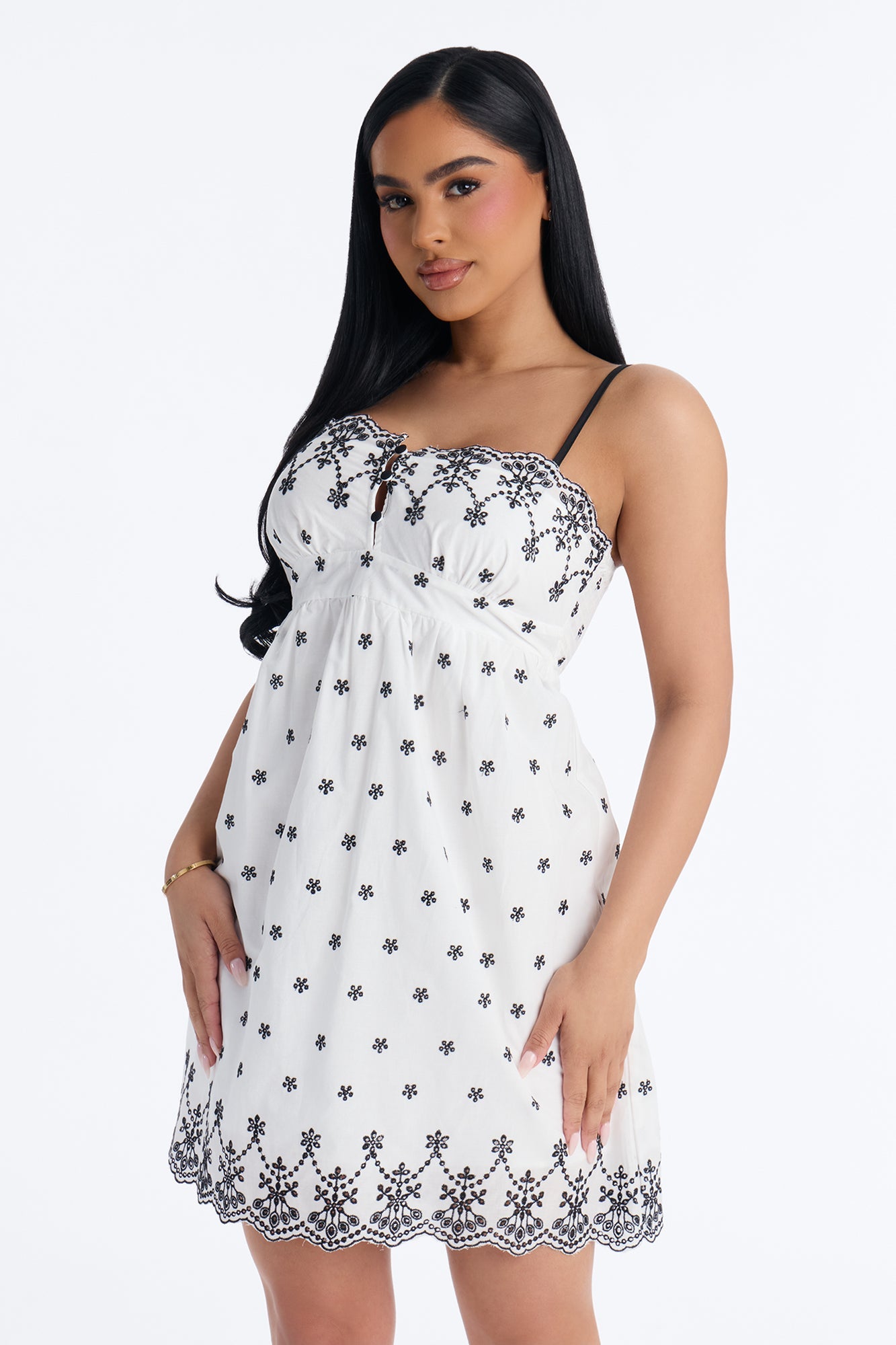 Sophia Embroidered Eyelet Babydoll Mini Dress - White/Black