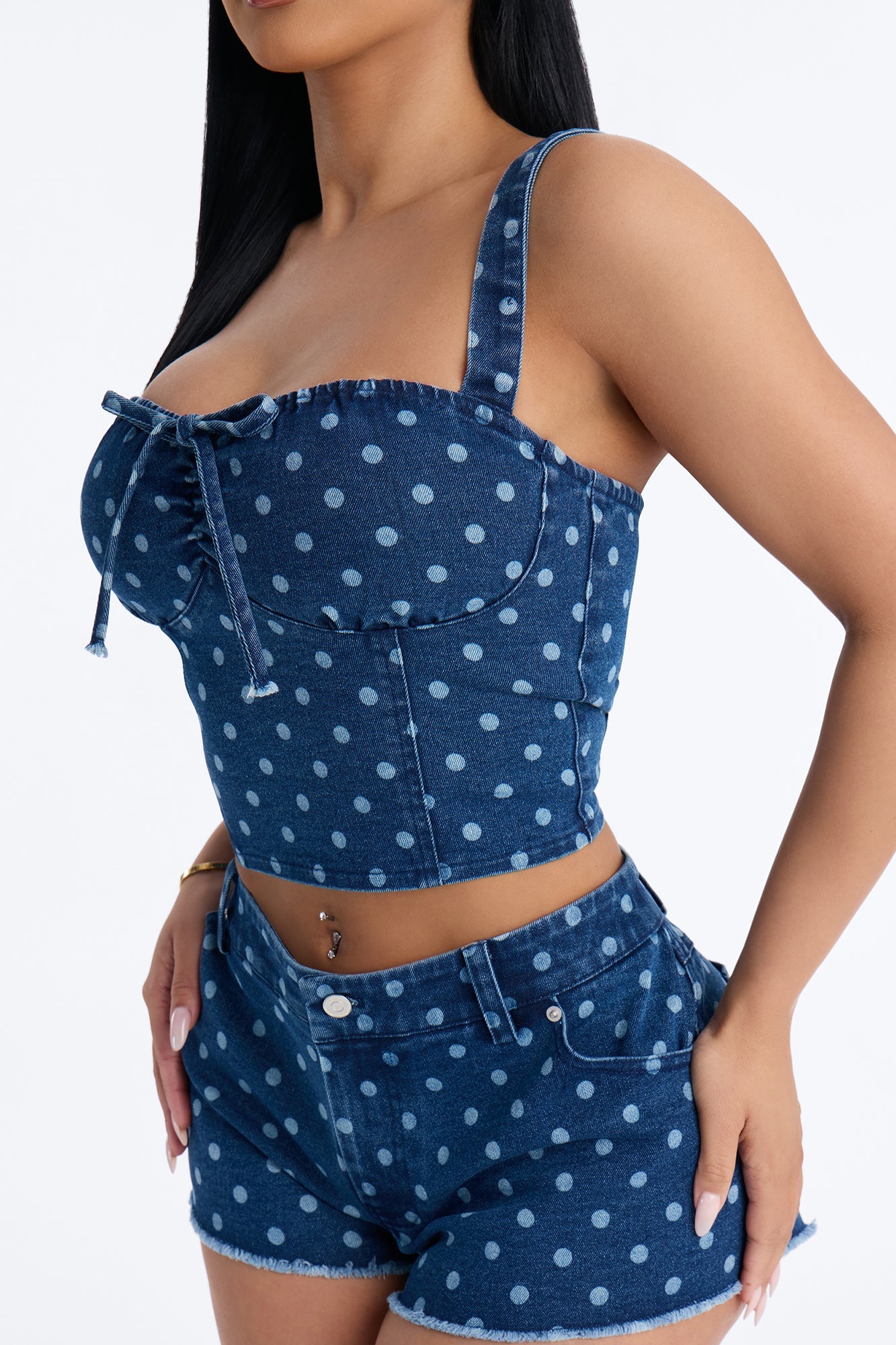 Bella Denim Corset Polka Dot Micro Short Set - Blue Wash