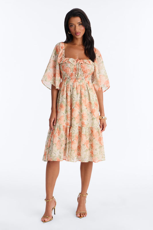 Christina Floral Chiffon Midi Dress - Orange/combo