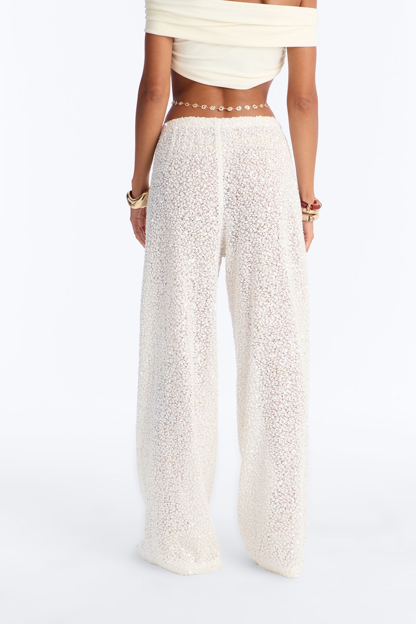 Azalea Low Rise Sequin Crochet Wide Leg Pant 33″ - White