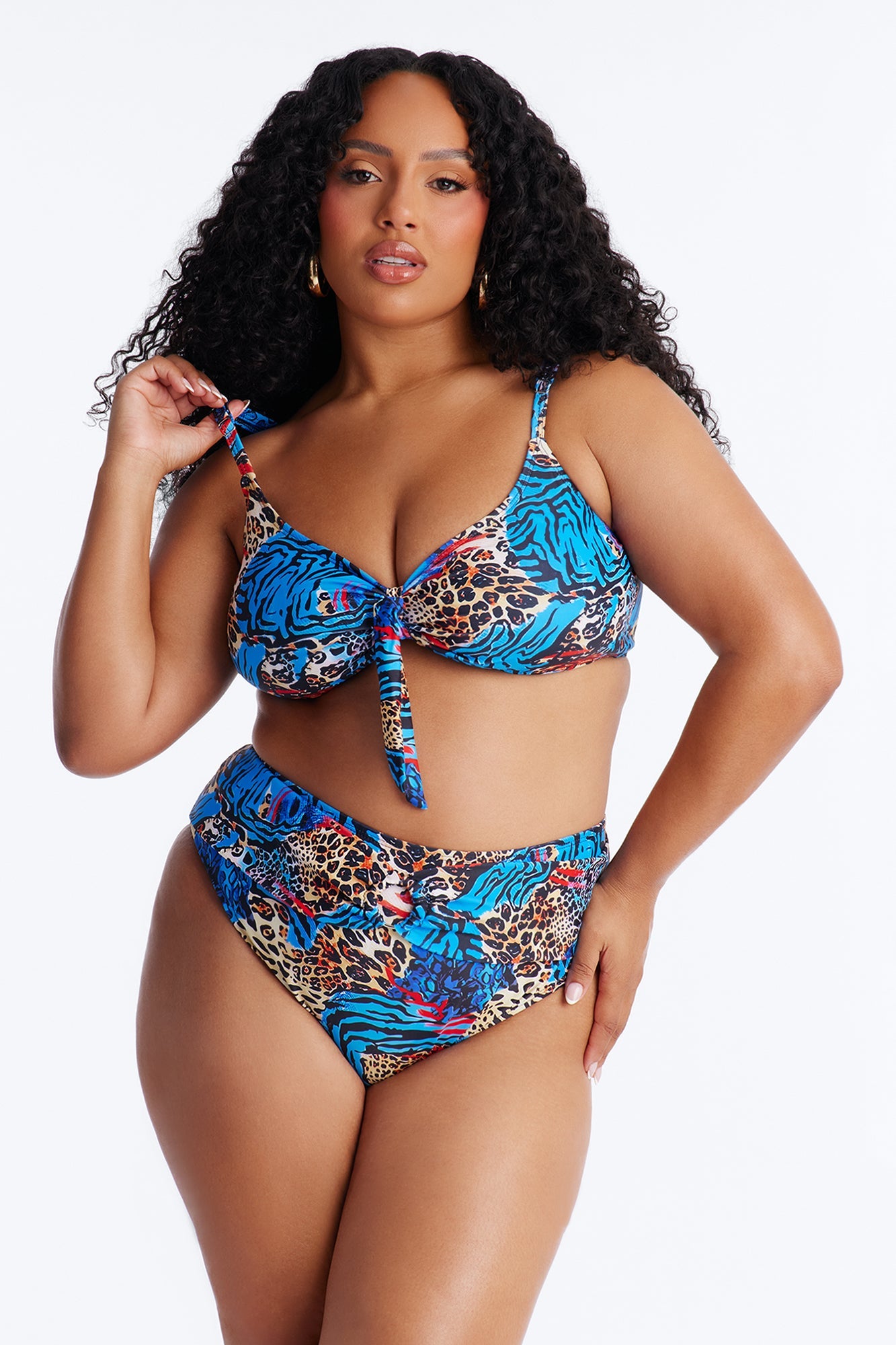 Unstoppable Wild Paradise Animal Front Tie Ruching High Waist Midi 3 Piece Bikini Komono Set - Blue/combo