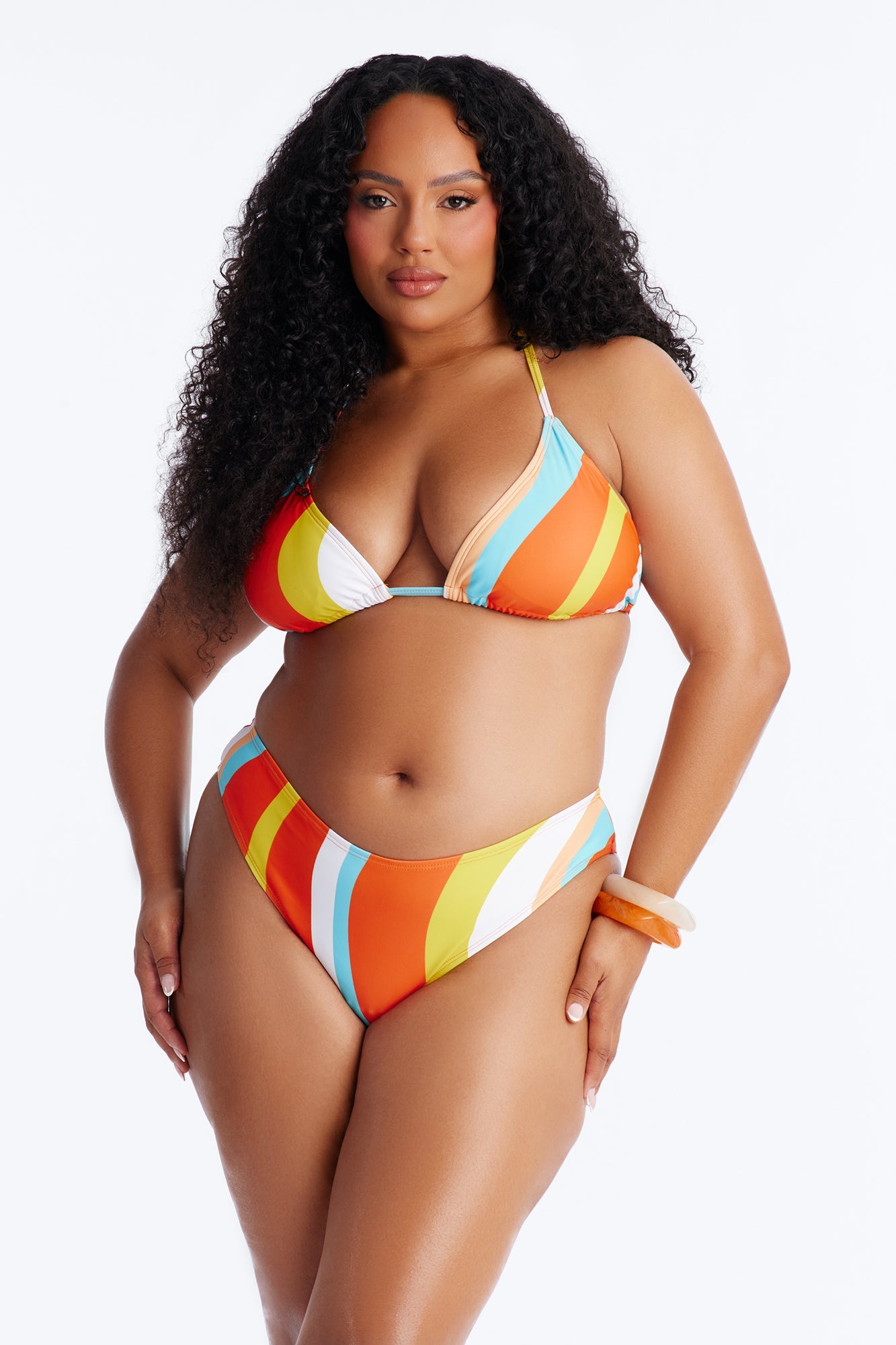 Desert Oasis Striped Triangle Bikini Mesh Shirt Cover Up Set - Orange/combo