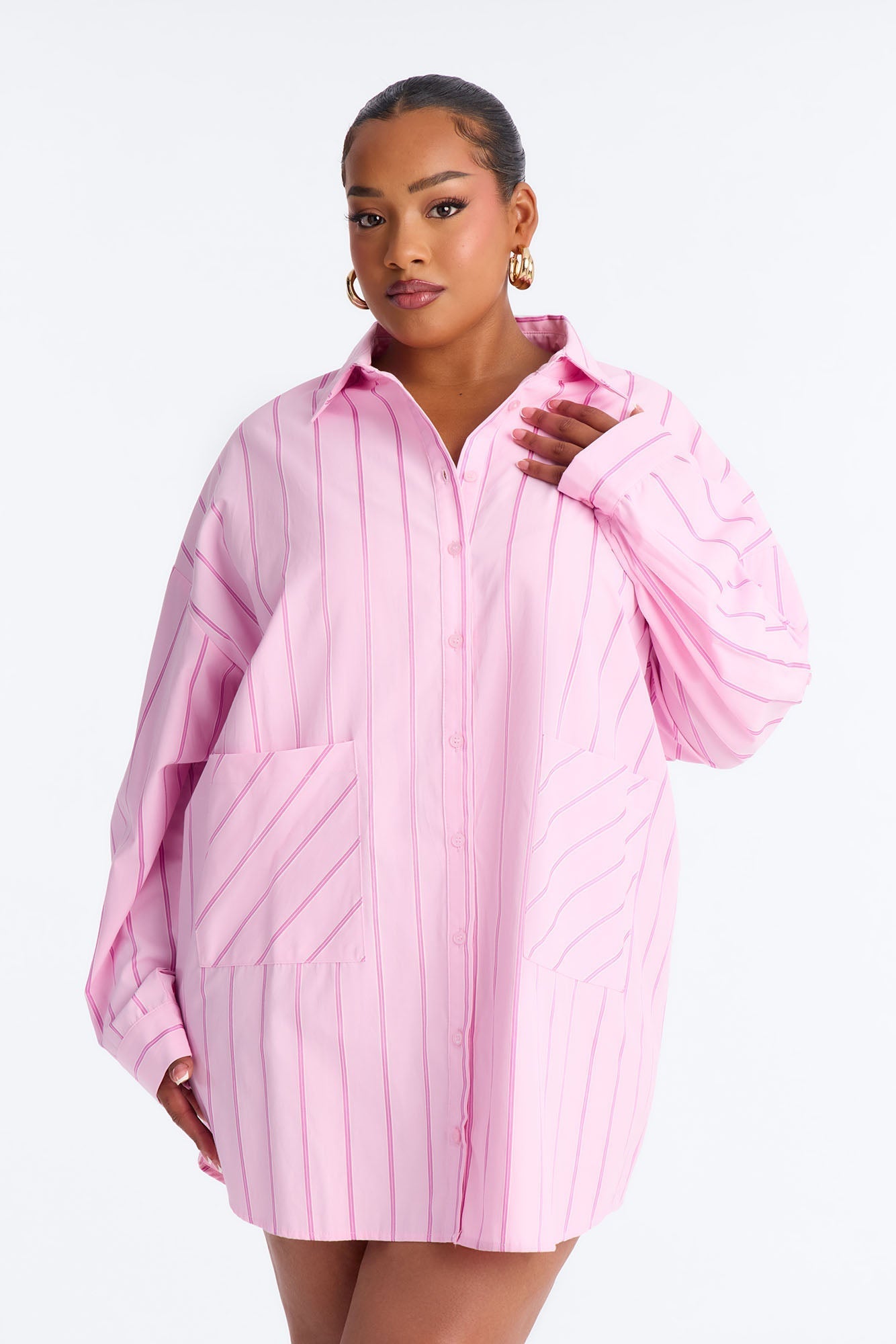 Izzy Pinstripe Shirt Micro Mini Dress - Pink Fashion Nova
