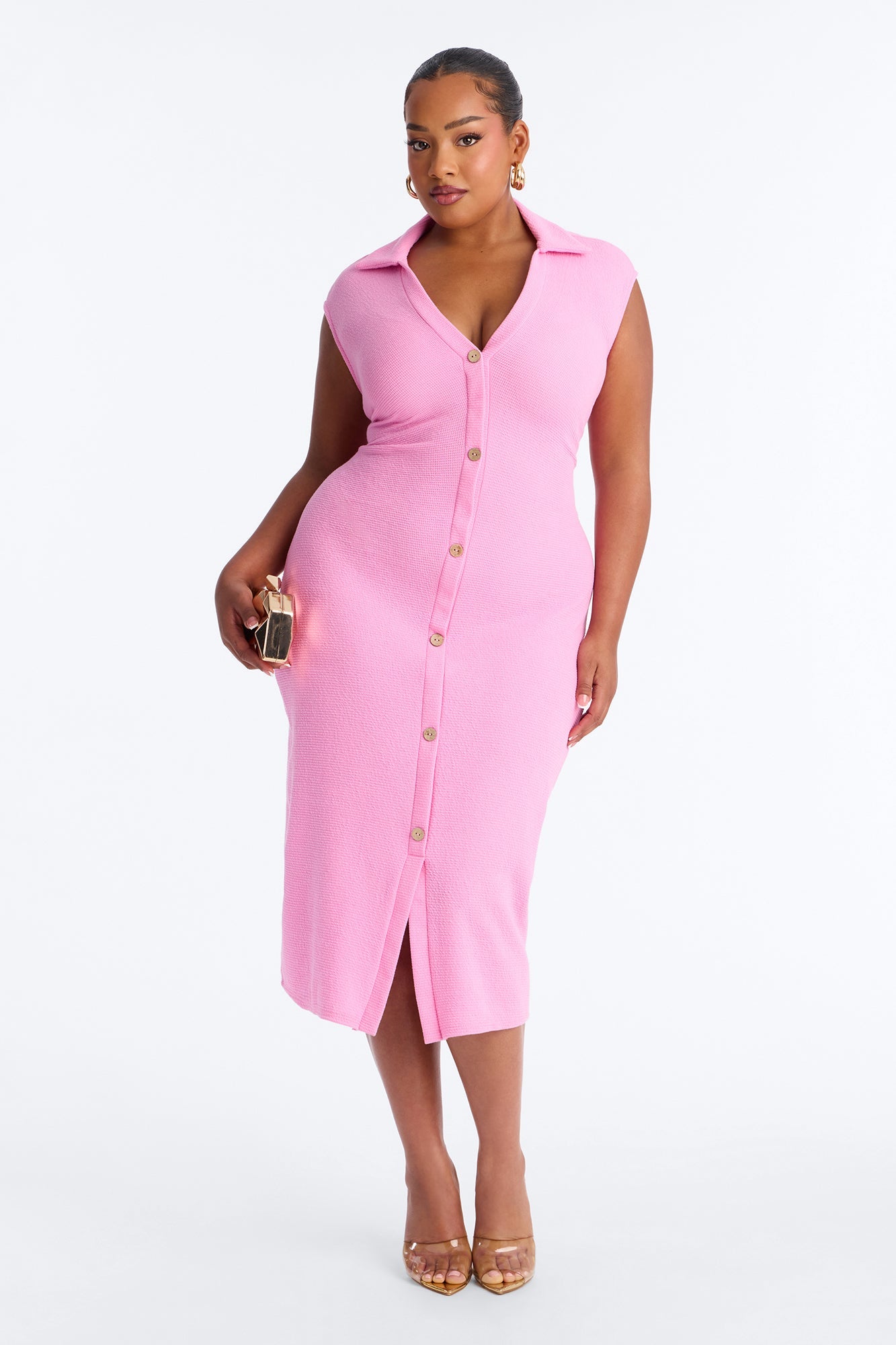 Edith Button Up Sweater Midi Dress - Pink
